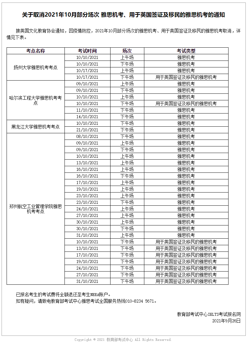 雅思考试10月份部分考点取消 图2